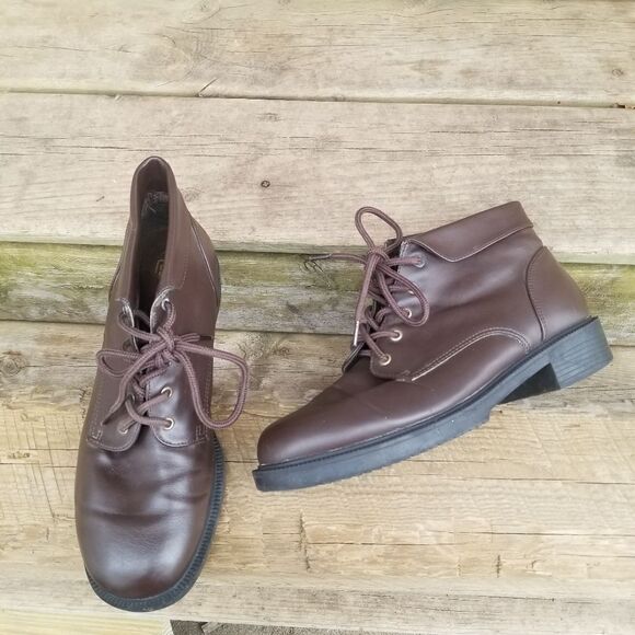 Vintage 90s y2k Chunky Heel Brown Faux Leather Steampunk Granny Boots Booties - Picture 1 of 10